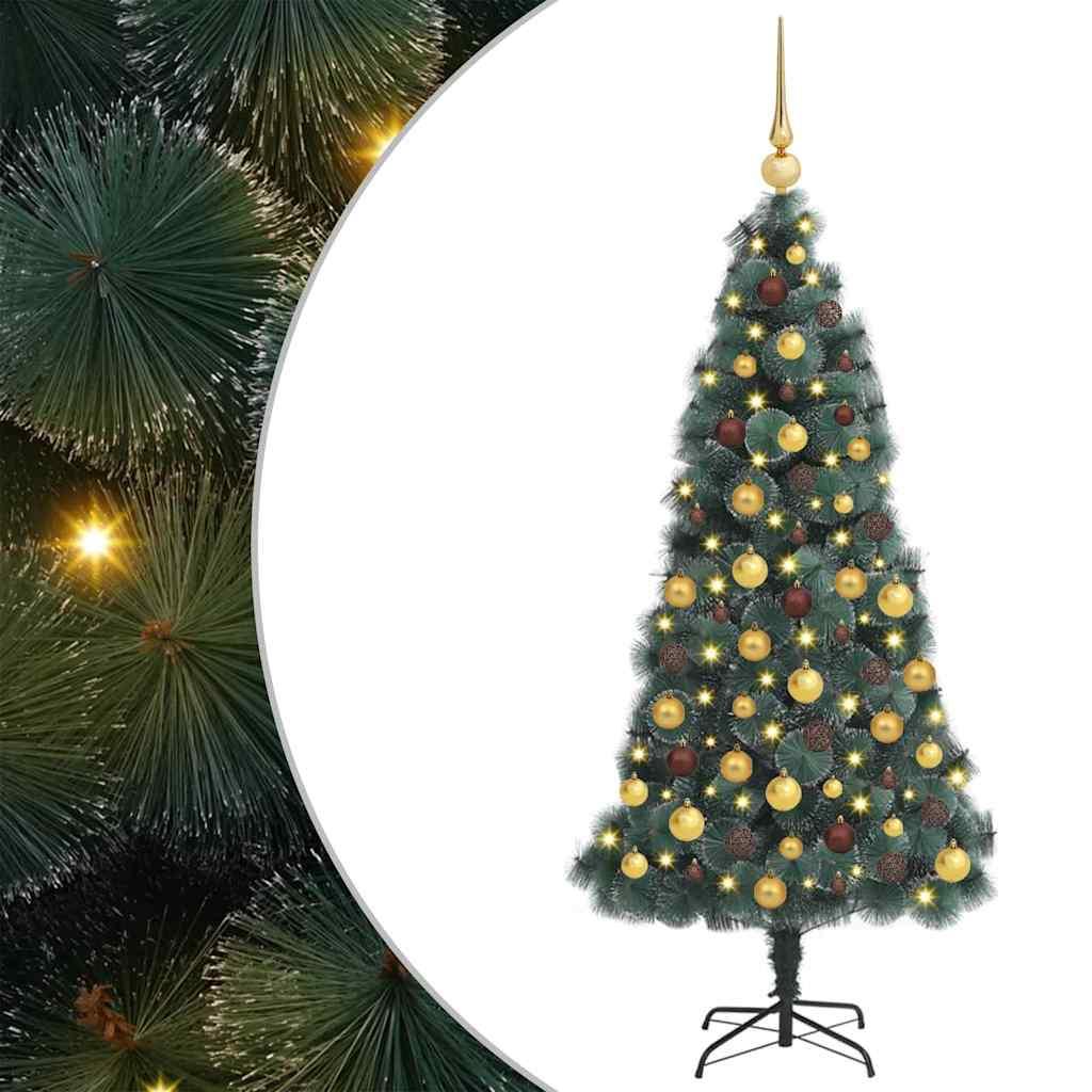 Kunstigt forlyst juletræ med kuglesæt og LED-lys 210 cm grøn