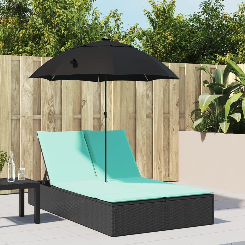 Dobbelt loungesofa med hynder og parasol i polyrattan sort