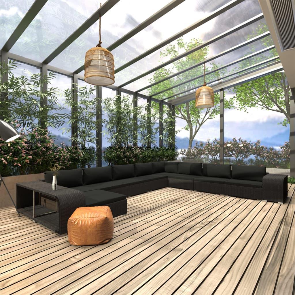 Loungesæt til haven 11 dele med hynder i polyrattan sort