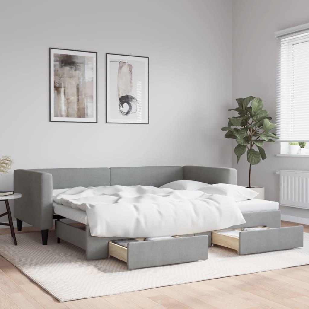 Daybed med udtræk og 2 skuffer 100x190 cm stof lysegrå