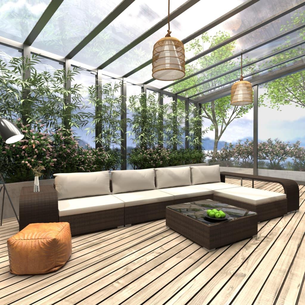 Loungesæt til haven i 8 dele med hynder og sofabord - polyrattan brun/cremehvid