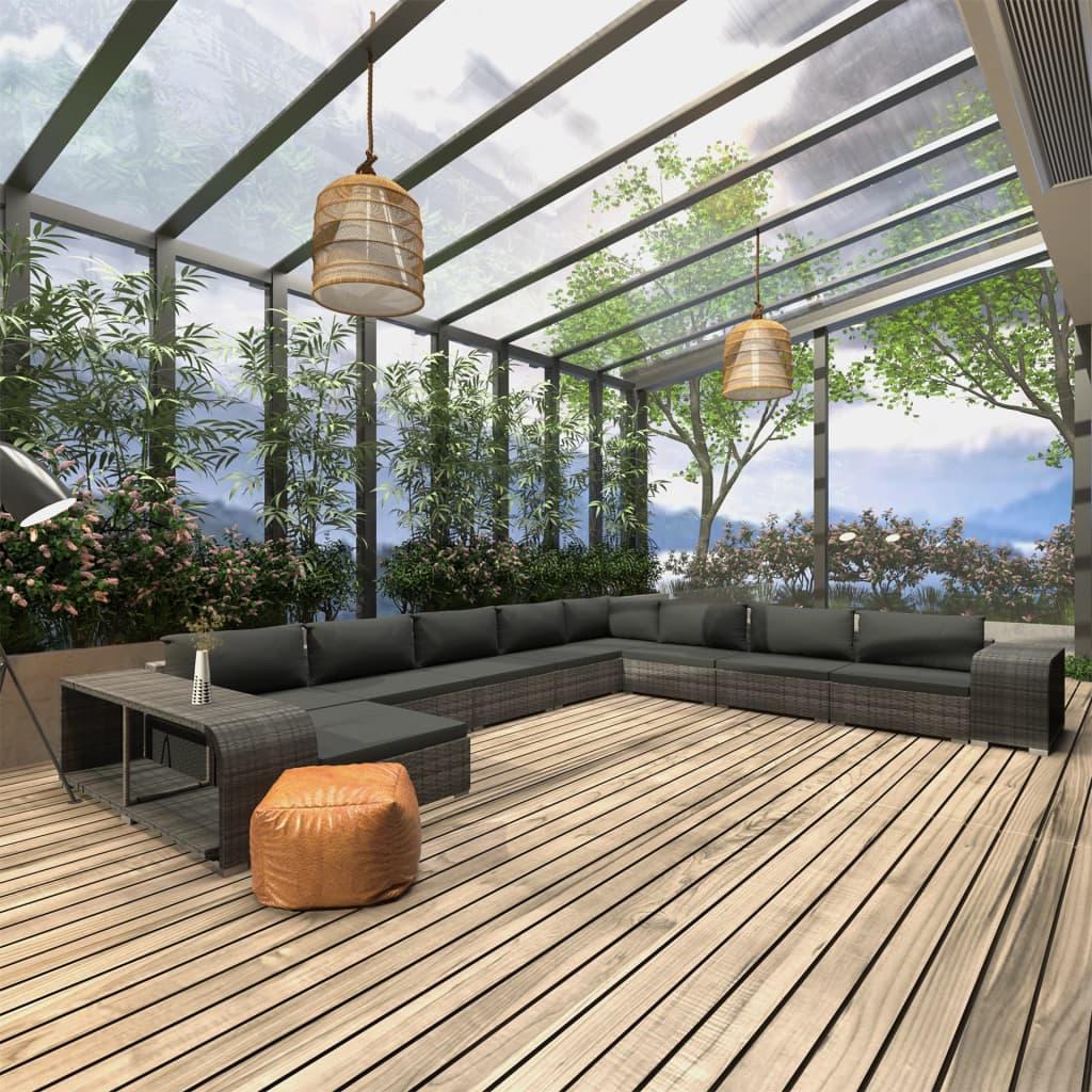 Loungesæt til haven 11 dele med hynder i polyrattan grå