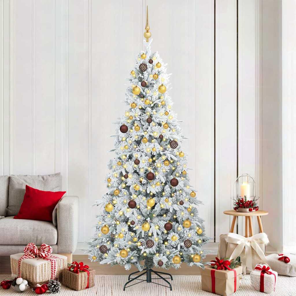 Kunstigt hinged juletræ med 300 LED'er 210 cm hvid PE og PVC