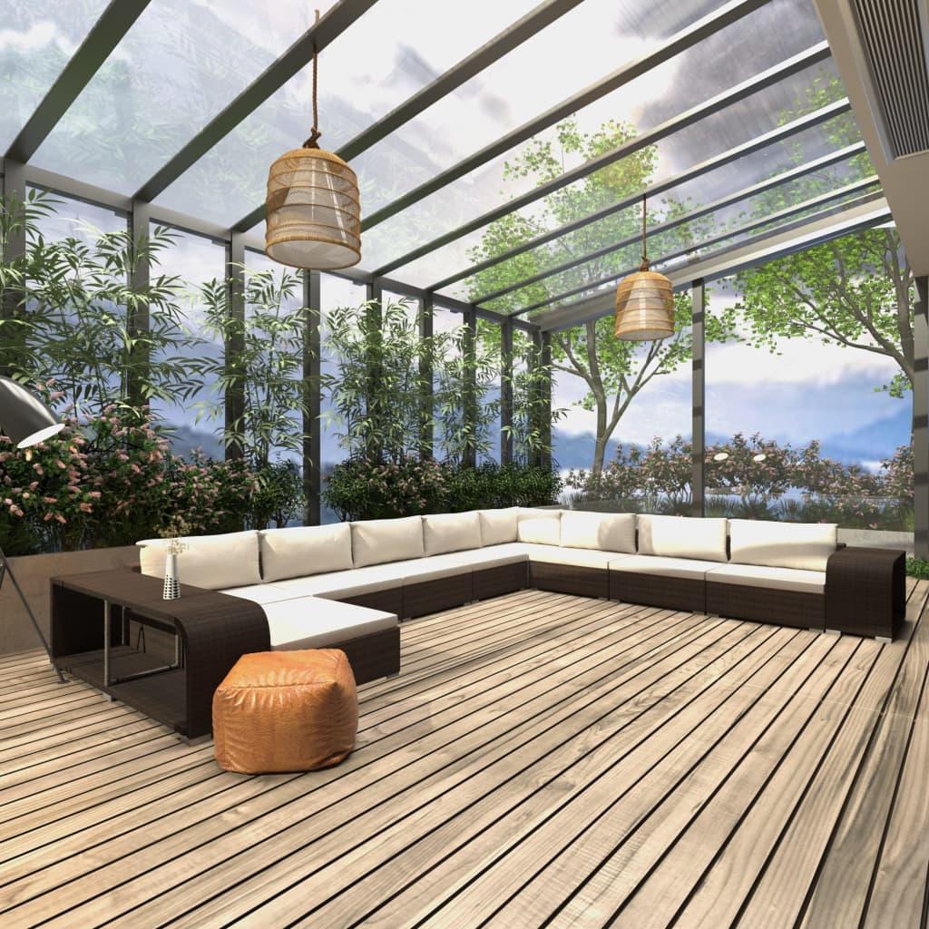 Loungesæt til haven 11 dele med hynder i polyrattan brun