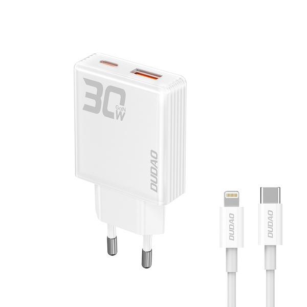Oplader 30 W GaN - Dudao - 1x USB?C + 1x USB?A - inkl. USB?C til Lightning kabel