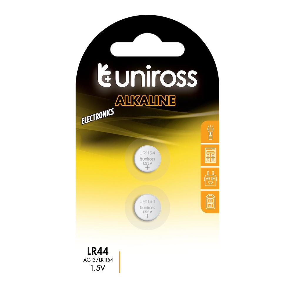 Knapcellebatterier LR44 AG13 1,5V - Uniross, 2 stk. (160 mAh)