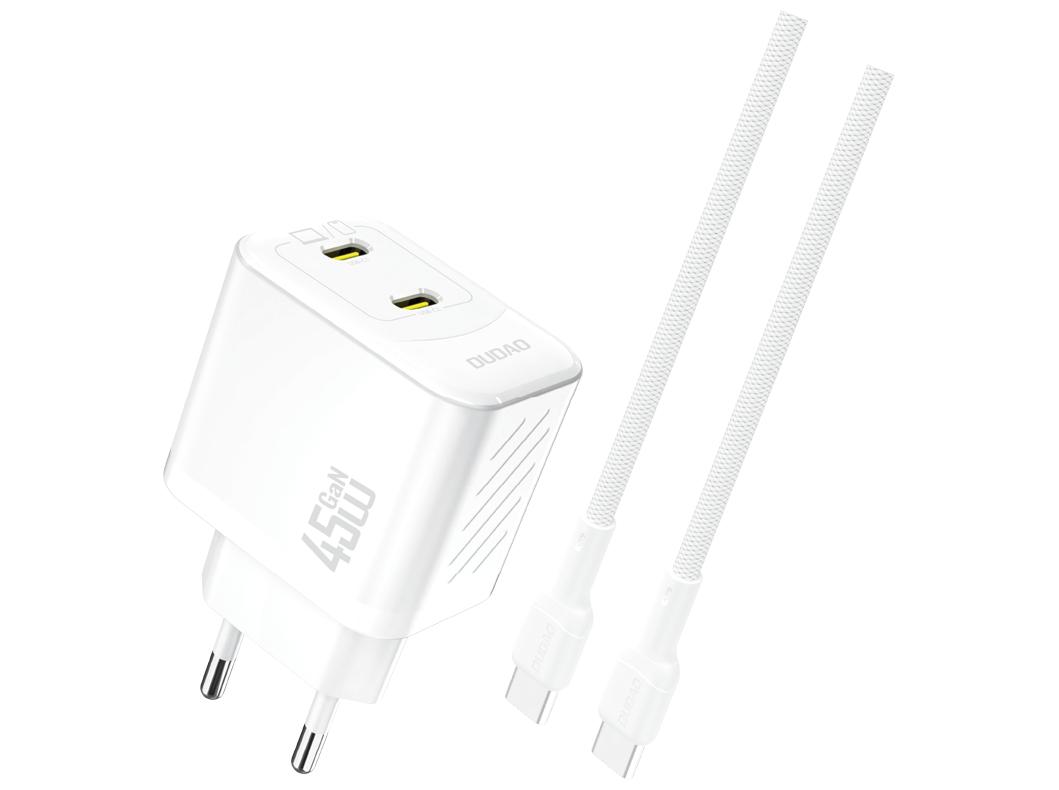 Oplader GaN 45 W med 2x USB-C - Dudao A28PCEU - inkl. 1 m USB?C til USB?C kabel - Hvid