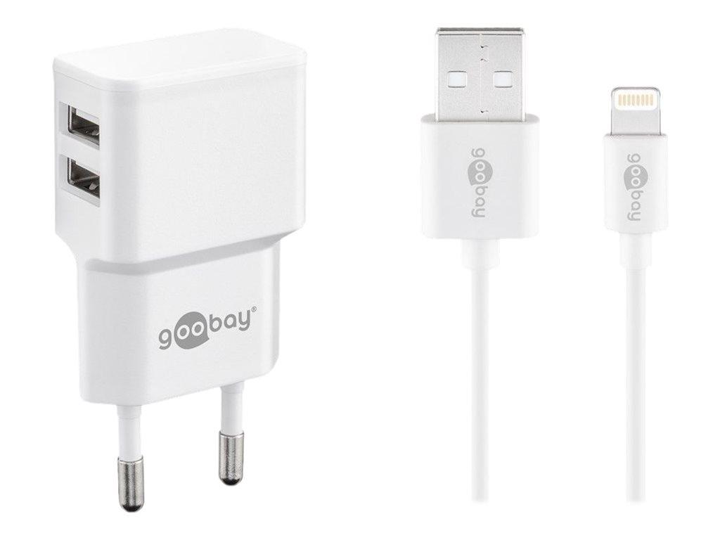 Goobay Apple Lightning Dual laddningssats (12 W) Strömförsörjningsenhet med 2x USB-uttag och Apple Lightning-kabel 1 m (vit)