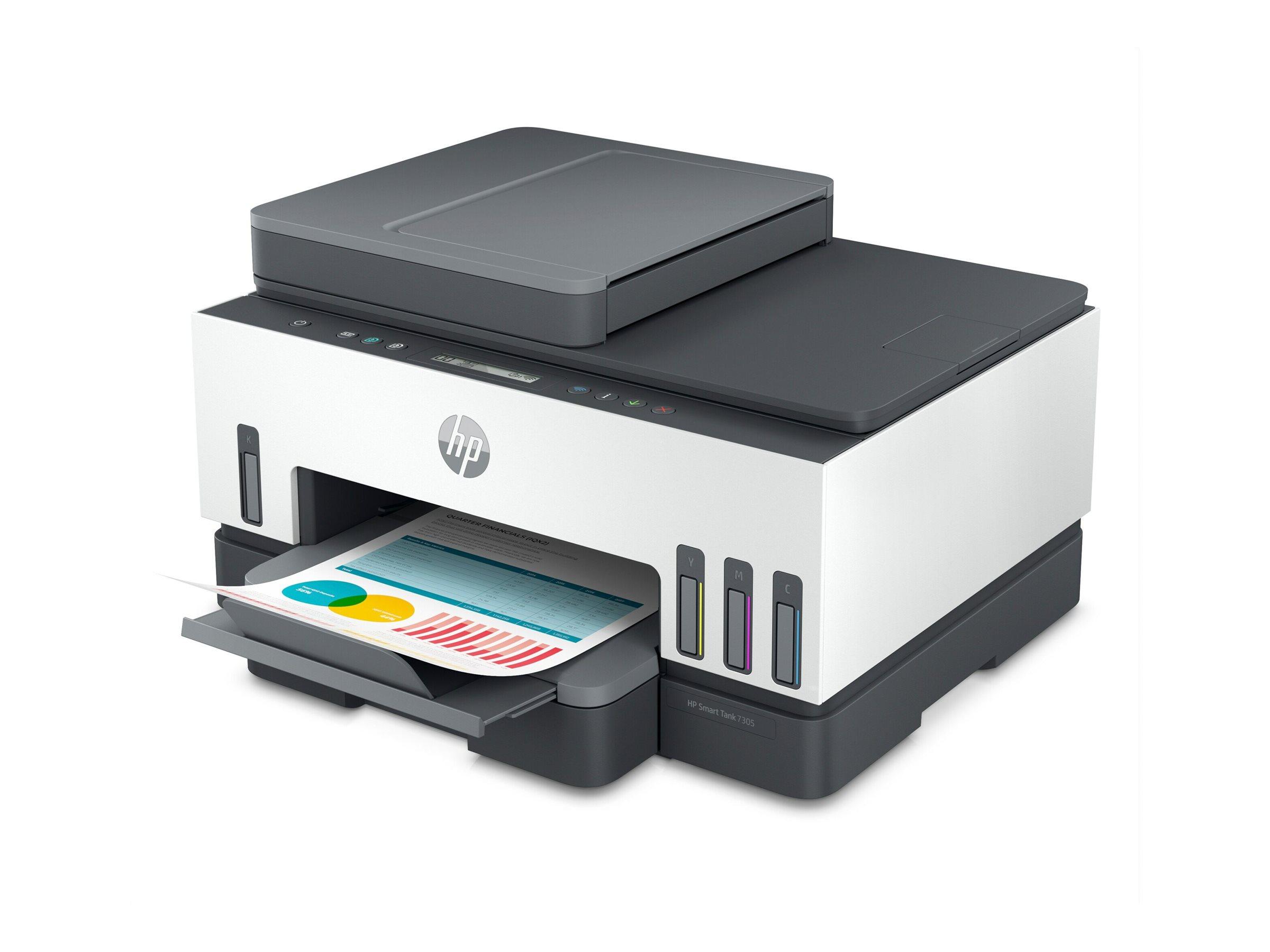 HP Smart Tank 7305 All-in-One - Multifunktionsprinter - farve - blækprinter - kan genopfyldes - Letter A (216 x 279 mm)/A4 (210 x 297 mm) (original) - A4/Legal (medie) - op til 13 spm (kopiering) - op til 15 spm (udskriver) - 250 ark - USB 2.0, LAN, Wi-Fi(n), Bluetooth