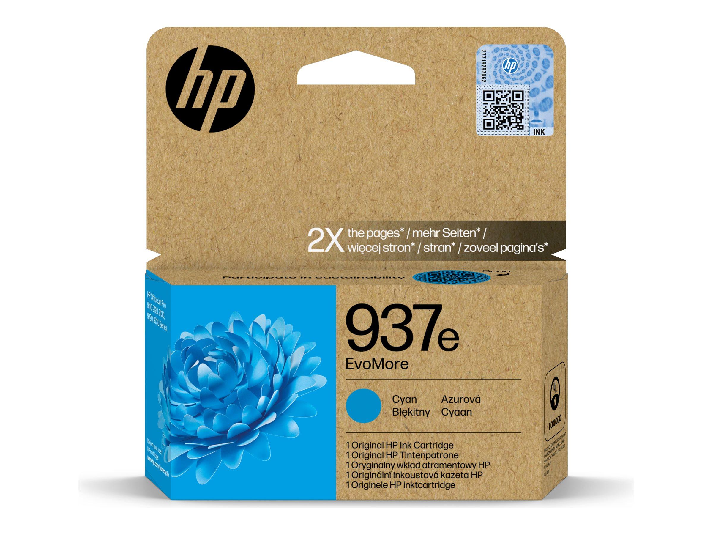 HP 937e EvoMore cyan blækpatron - original, 1.650 sider til OfficeJet Pro 9122e/9125e/9135e/9730e
