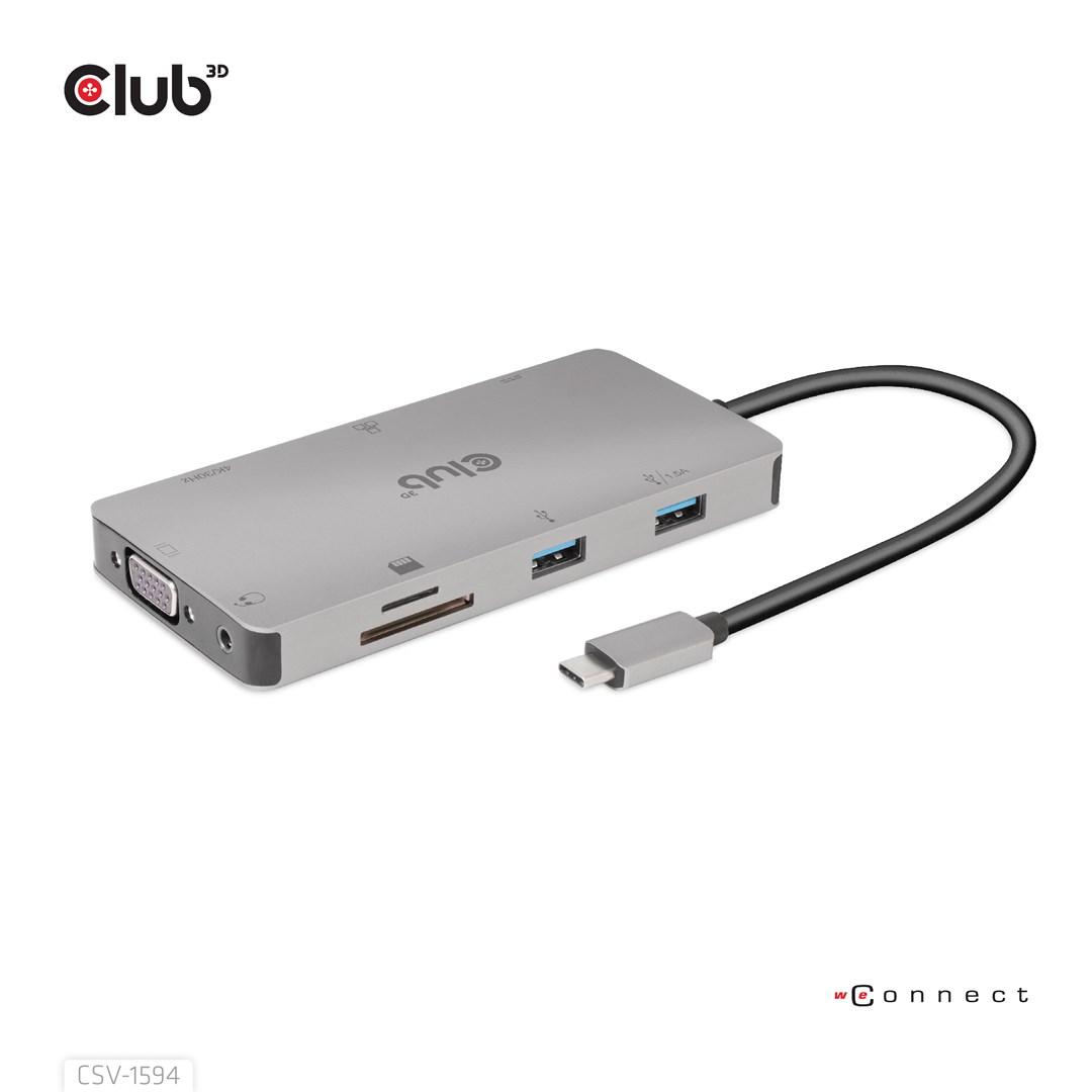 Club 3D CSV-1594 9-i-1 USB-C Gen1 dockingstation med HDMI, VGA, 1GbE og Power Delivery