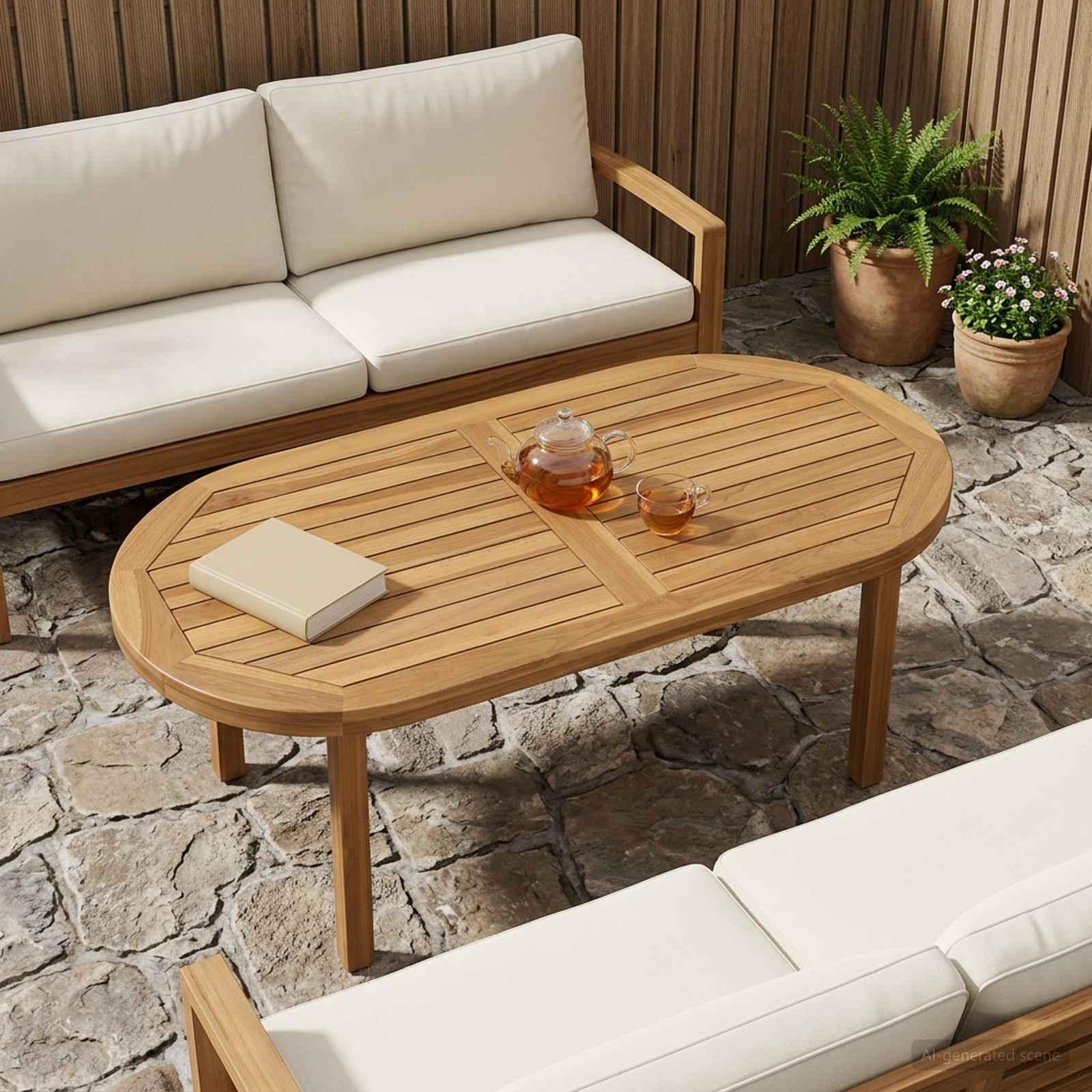 Oval bordplade i massiv teaktræ 100 x 50 cm naturfarvet billede