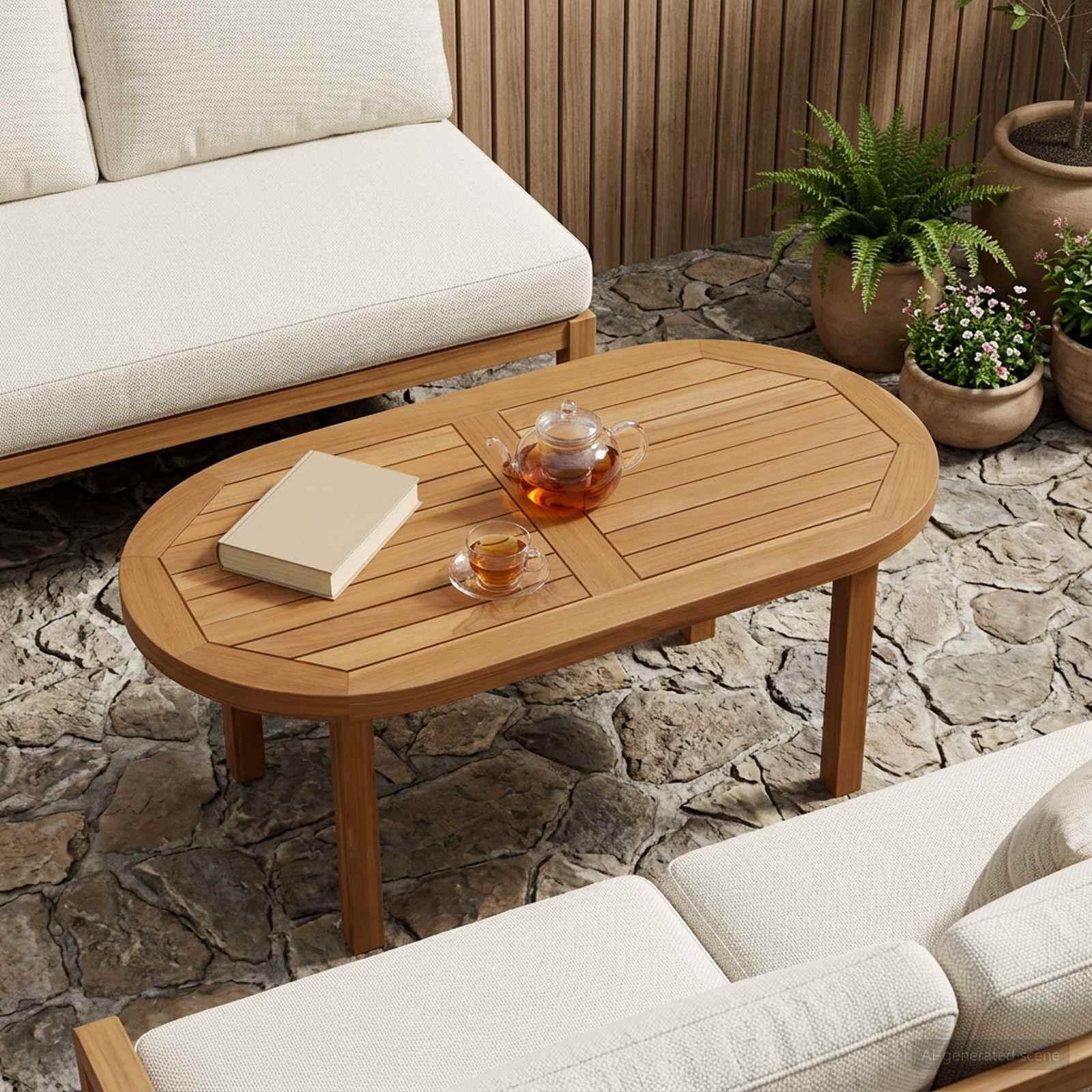 Bordplade i massiv teaktræ 80 x 40 x 2,5 cm oval naturfarvet billede