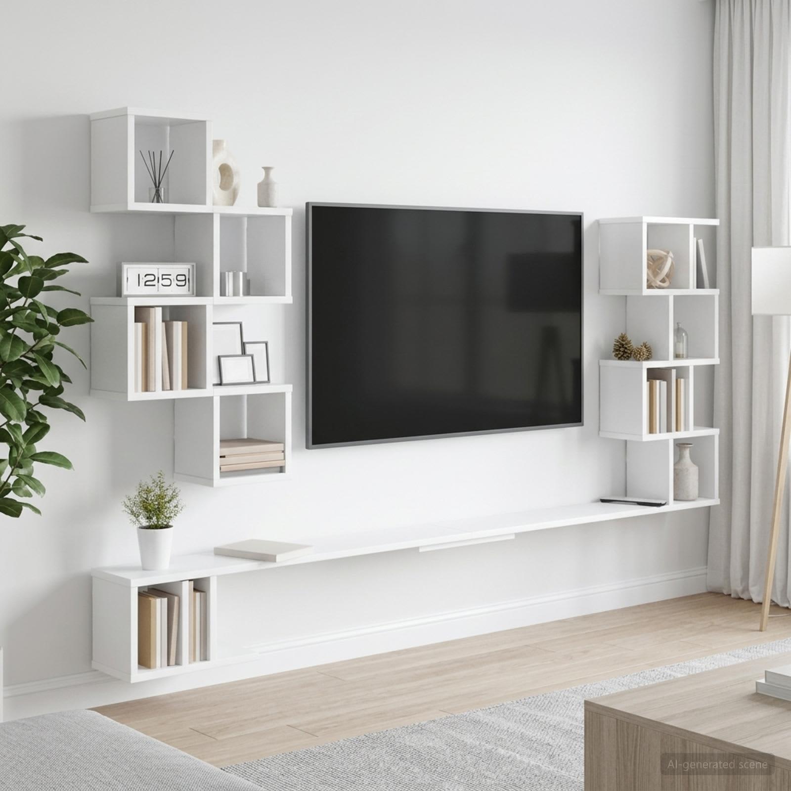 Væghængt TV-hylde hvid 200 x 15 x 94 cm i konstrueret træ