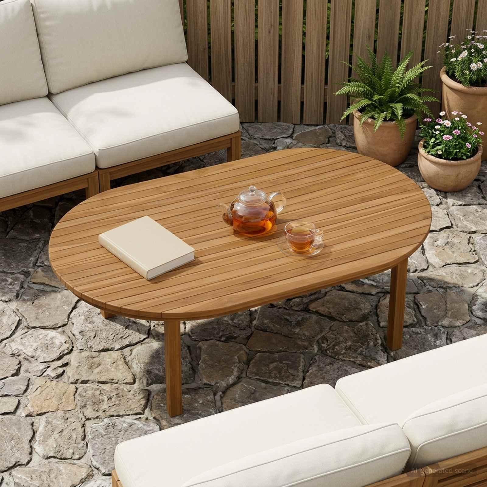 Bordplade i massiv teaktræ 120 x 70 cm oval naturfarvet
