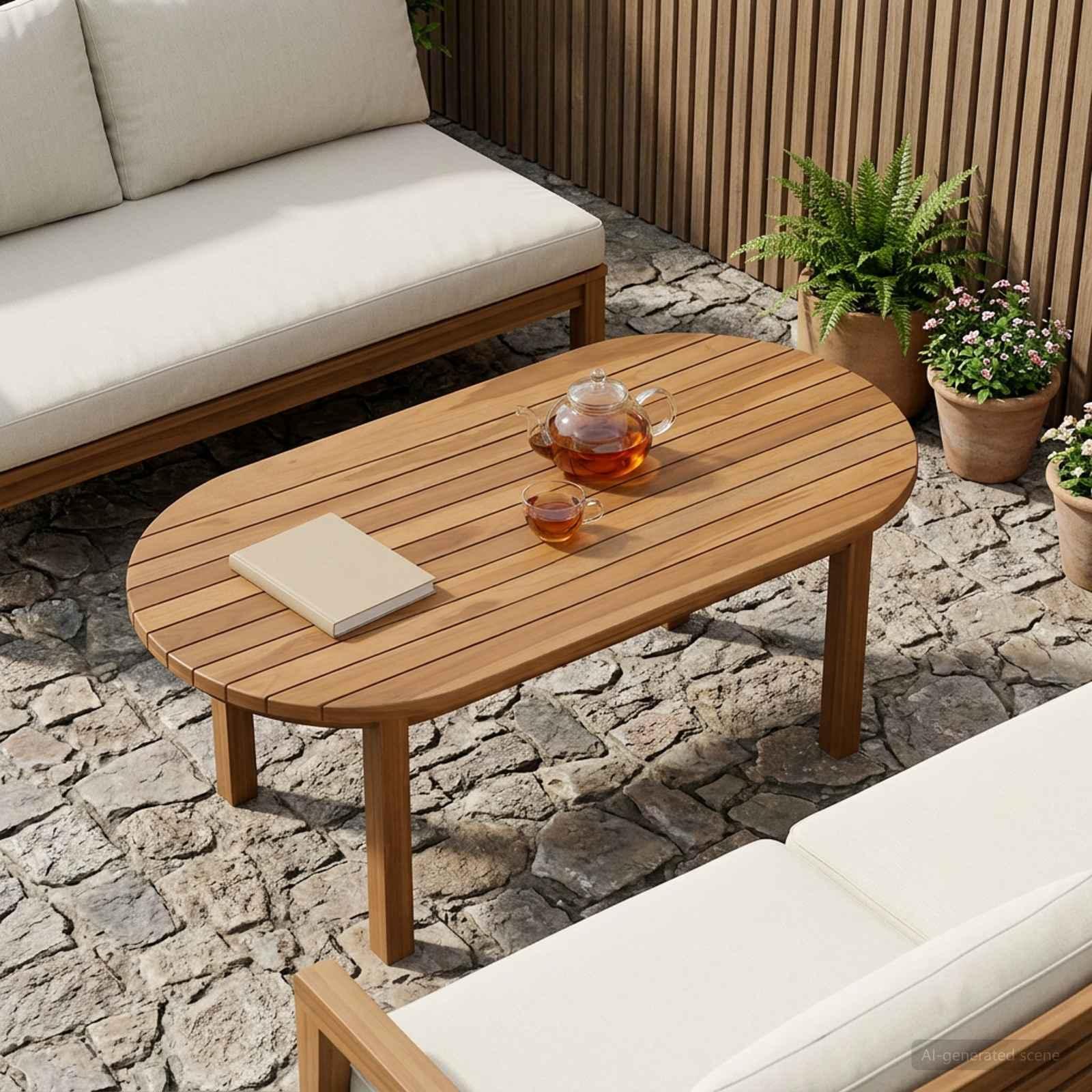 Bordplade 90 x 45 x 3,5 cm oval i massiv teaktræ naturfarvet billede