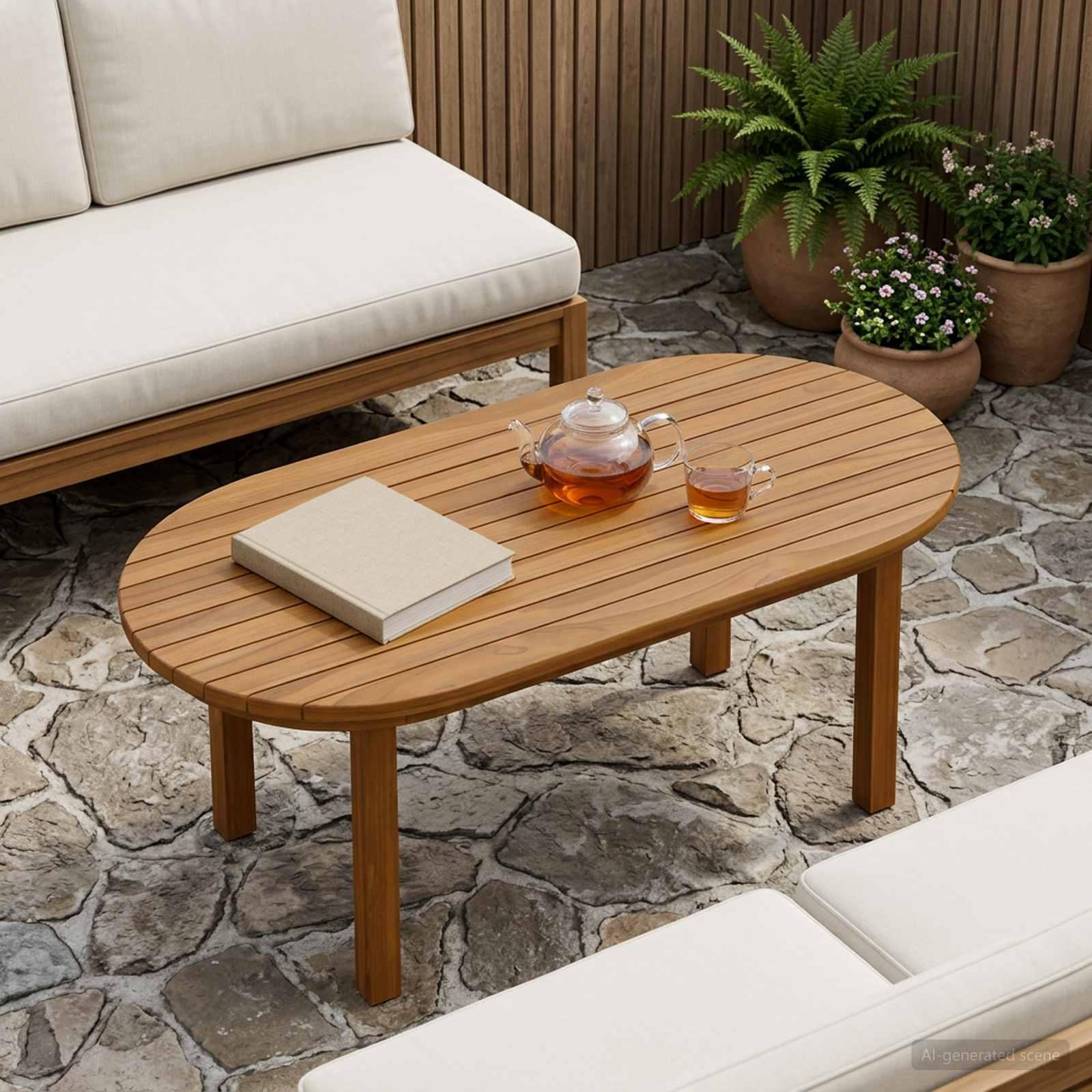 Bordplade i massiv teaktræ 80 x 40 x 3,5 cm oval naturfarvet billede