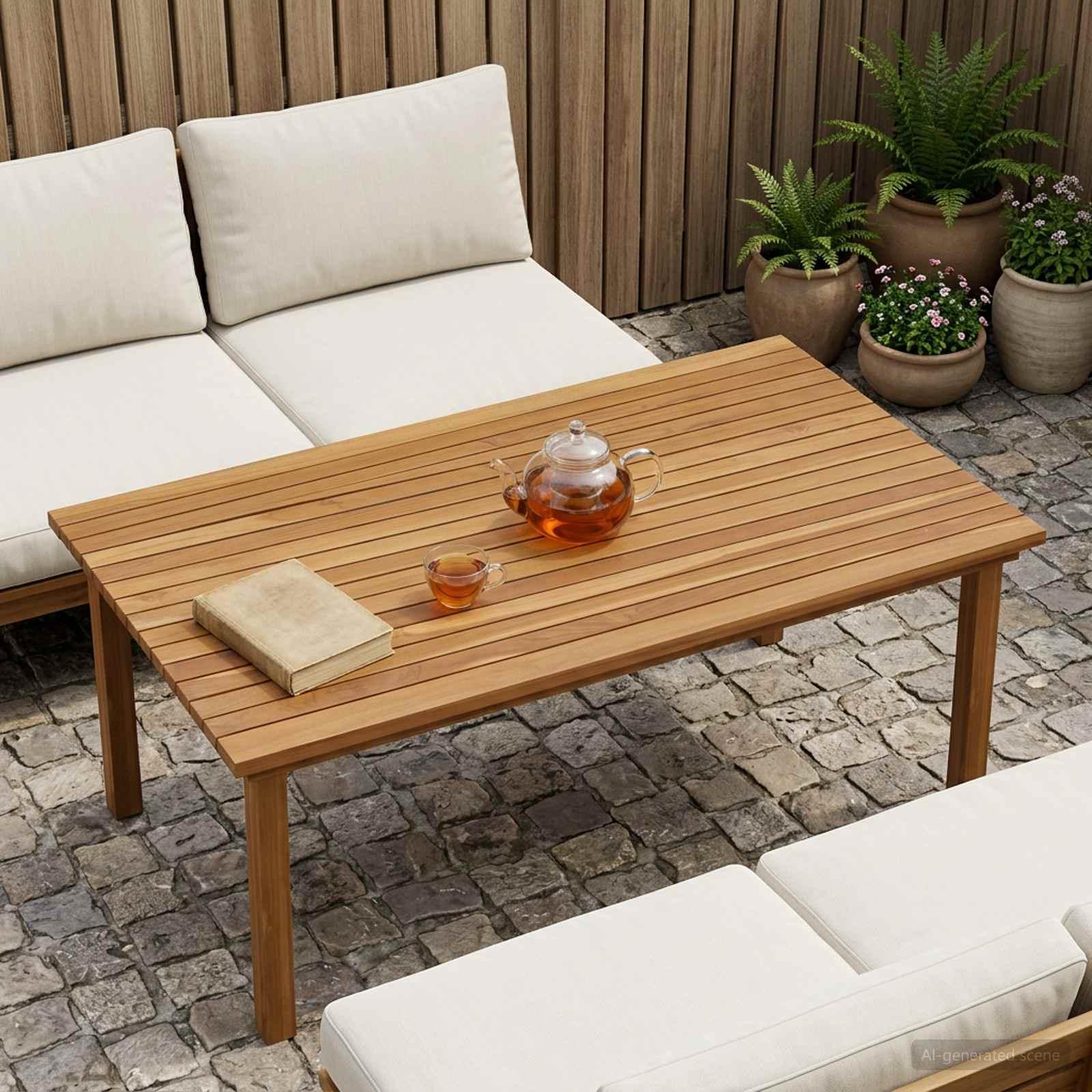 Bordplade i massiv teaktræ 110 x 55 cm rektangulær natur billede