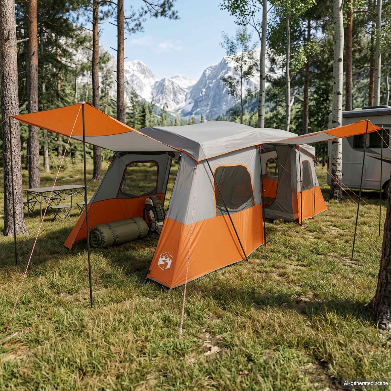 3-personers instant telt med regnslag 606 x 245 x 197 cm - grå og orange