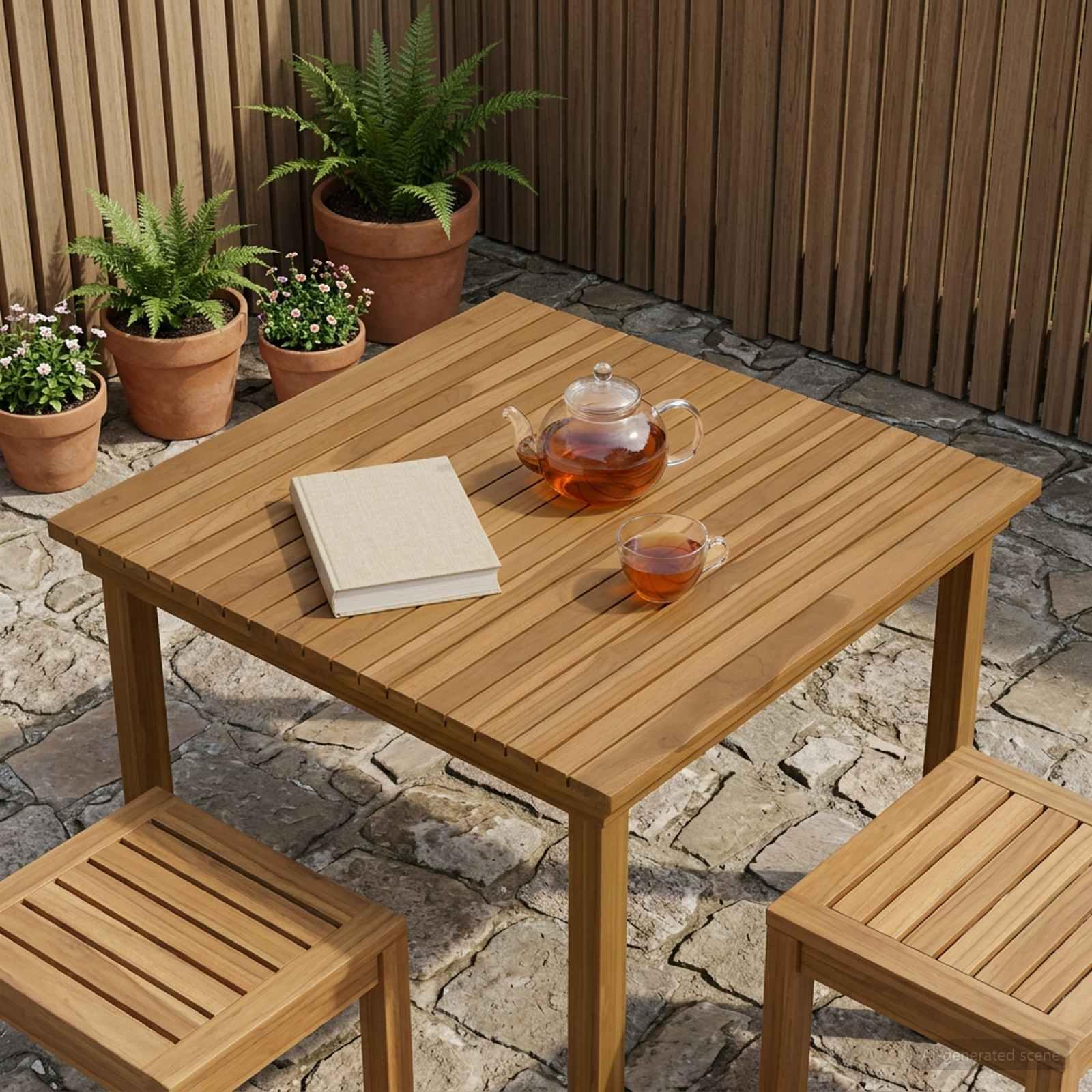 Bordplade i massiv teak 80 x 80 x 3,5 cm firkantet naturfarvet