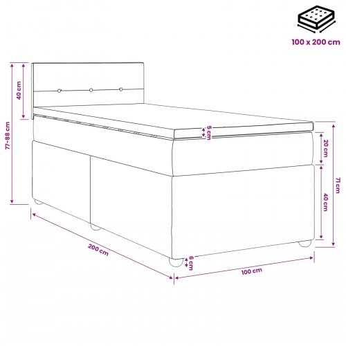 Boksmadras seng med topmadras og justerbar hovedgavl 100 x 200 cm sort fløjl