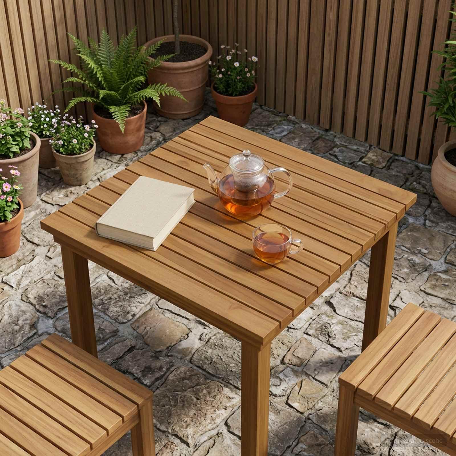 Bordplade i massiv teaktræ 60 x 60 cm firkantet naturfarvet