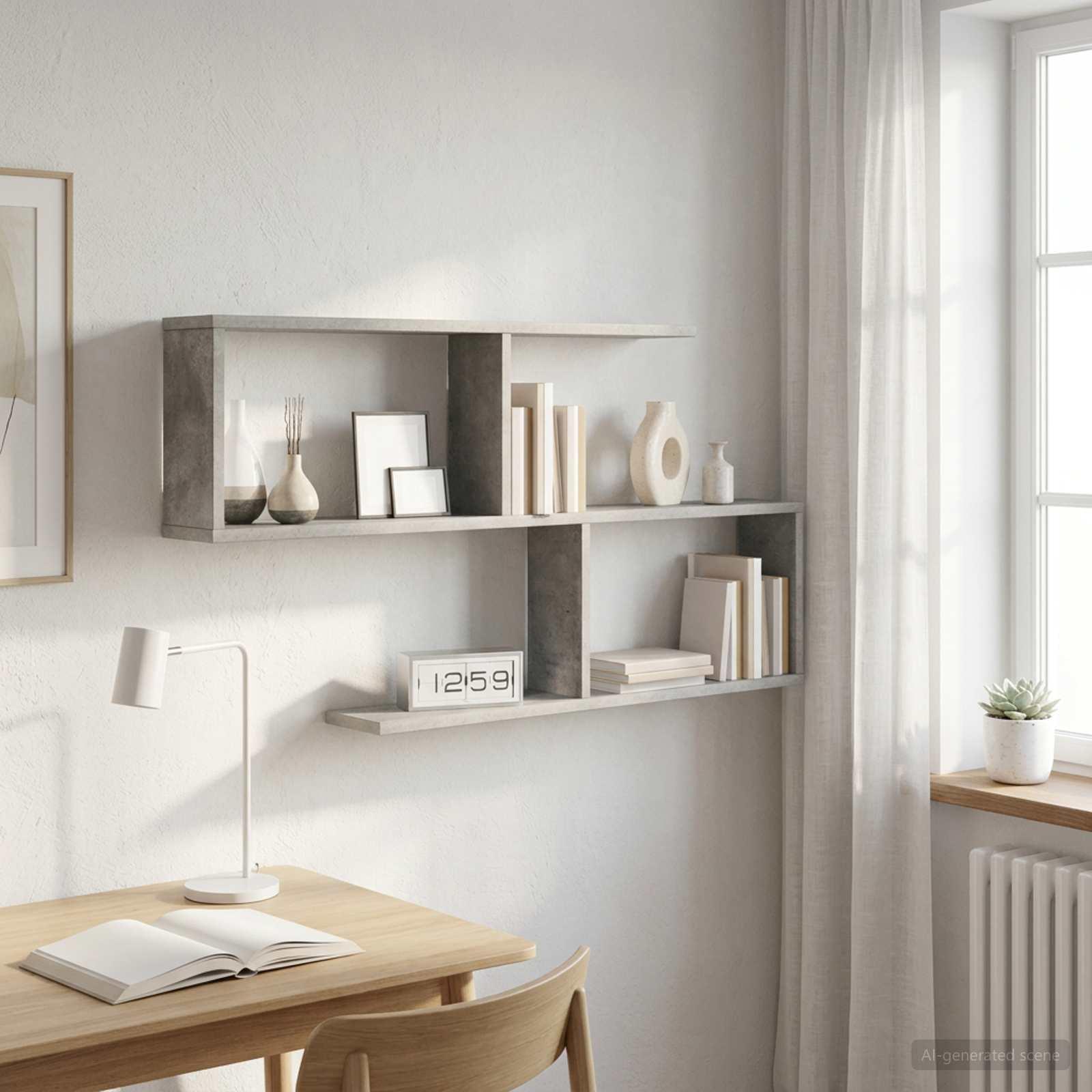 Væghylde i betongrå 100 x 12 x 50,5 cm - væghængt hylde i konstrueret træ
