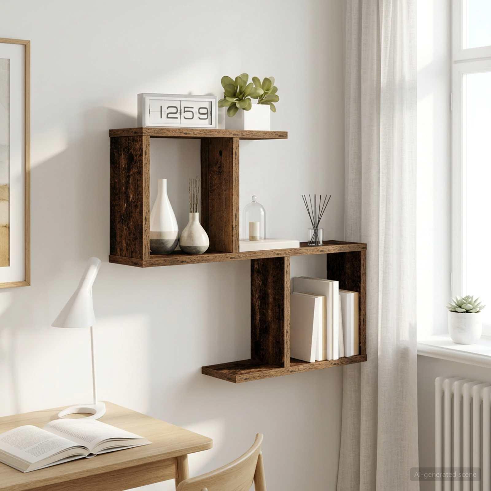 Væghylde i gammelt træ 60 x 12 x 50,5 cm i konstrueret træ billede