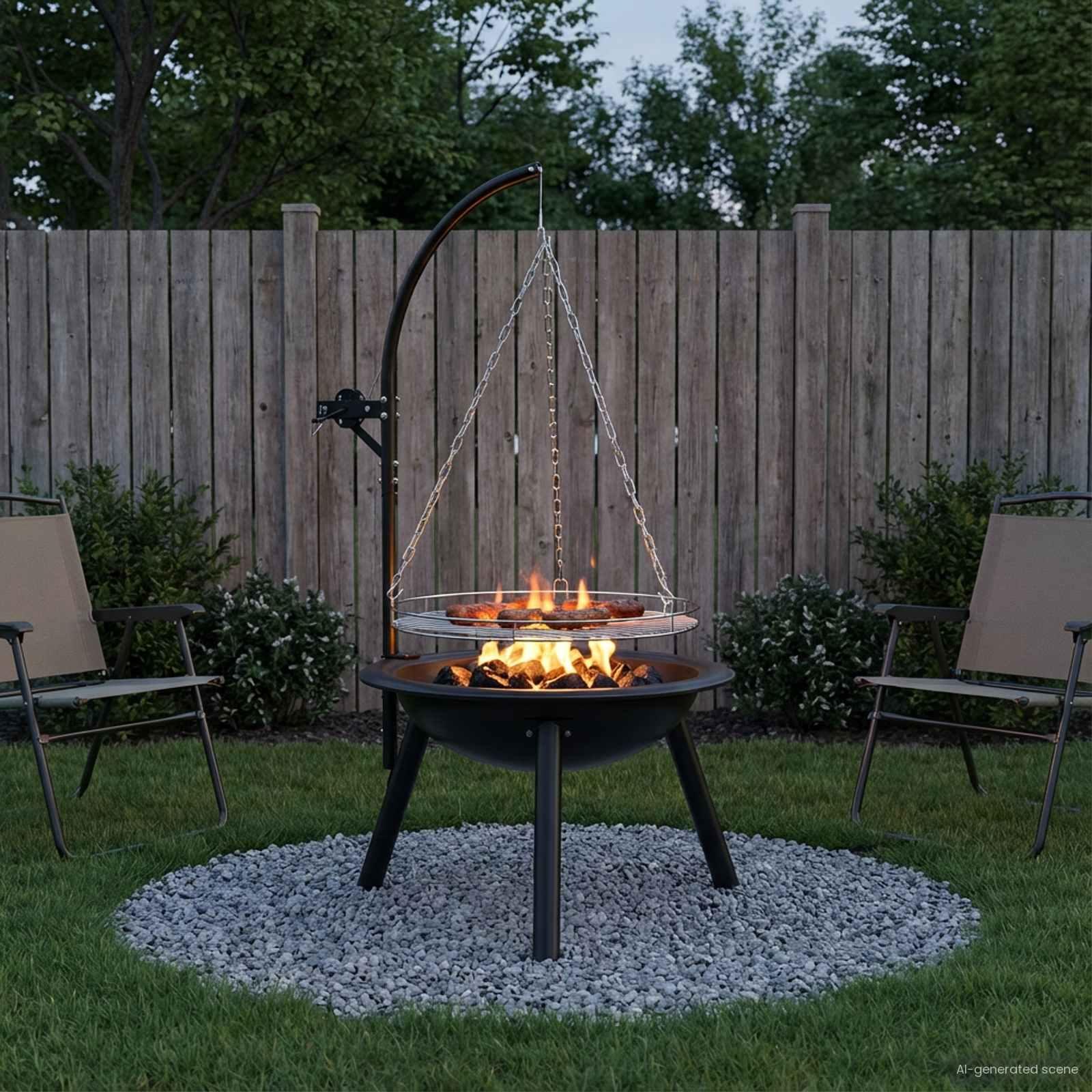 Bålsted med justerbar grillrist Ø55,5 x 107,5 cm i sort stål