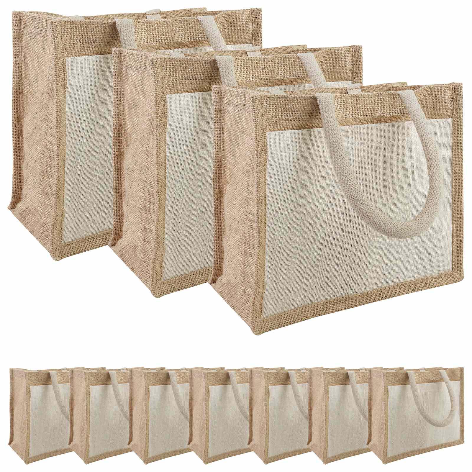 Jute håndtasker med lomme 10 stk. natur og hvid 26 x 22 x 14 cm billede