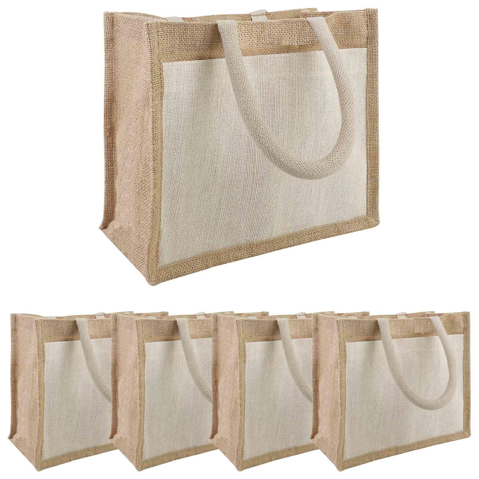 Jute indkøbsposer med bomuldslomme 5 stk natur og hvid 26 x 22 x 14 cm billede