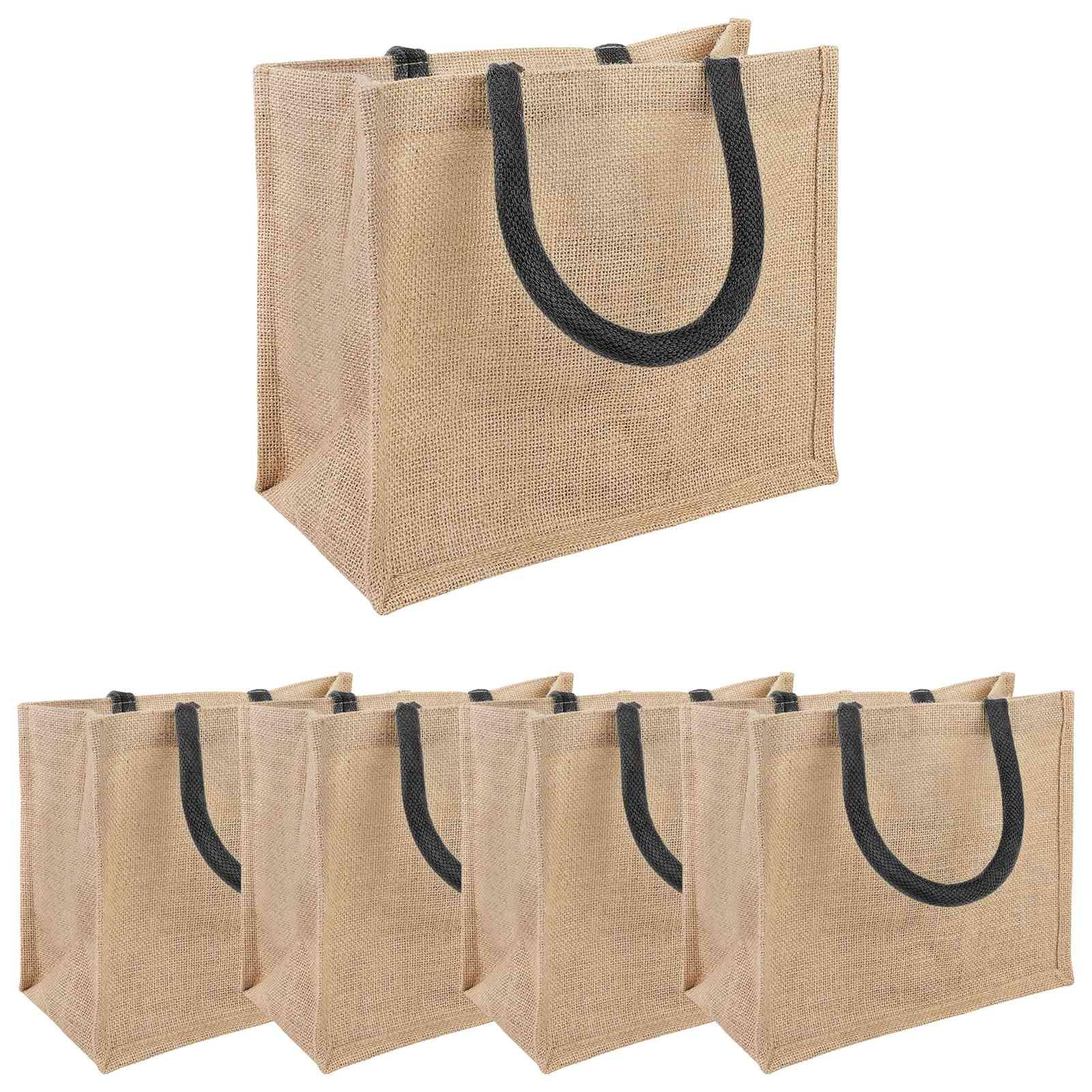Jute indkøbstasker 5 stk. naturfarvet og sort 26 x 22 x 14 cm billede