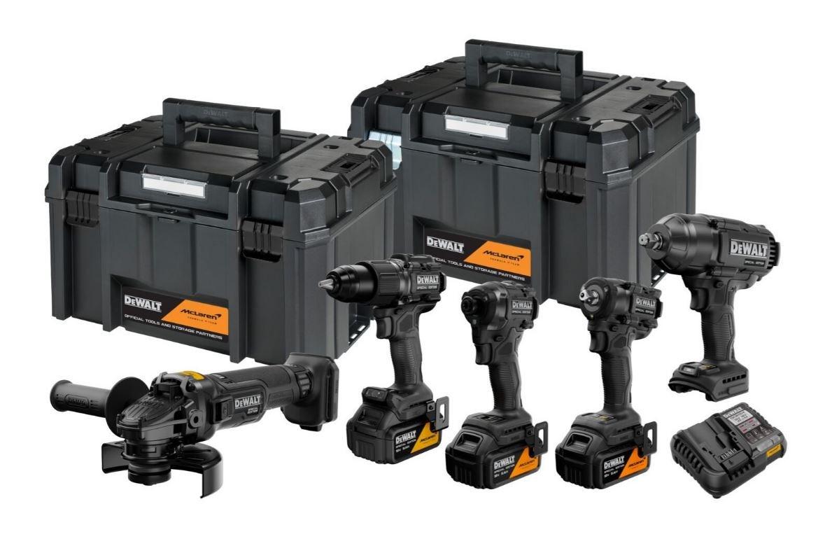 DeWALT McLaren 18 V XR værktøjssæt med 5 maskiner og 3 x 5,0 Ah