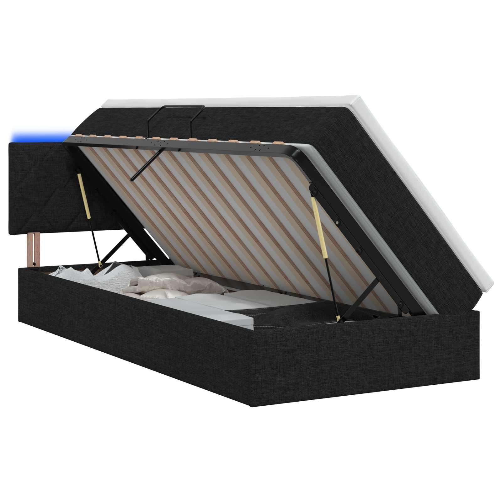 LED opbevaringsseng med madras 90 x 190 cm i sort stof