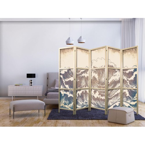 Japansk skærmvæg 225 x 172 cm - Turbulent Ocean rumdeler med høje bølger i brun og marineblå