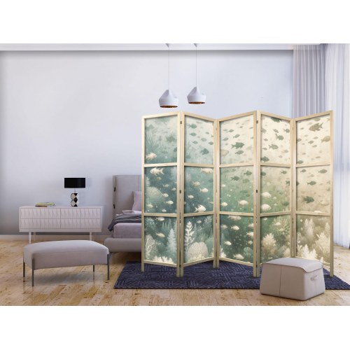 Japansk skærmvæg med fiskemotiv 225 x 172 cm - 5-panels rumdeler