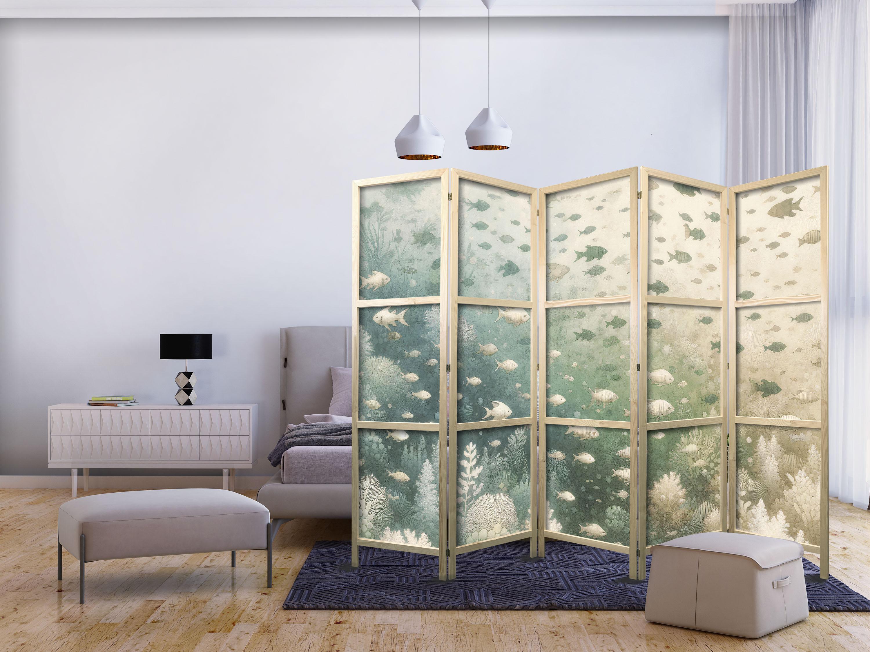 Japansk skærmvæg med fiskemotiv 225 x 172 cm - 5-panels rumdeler billede