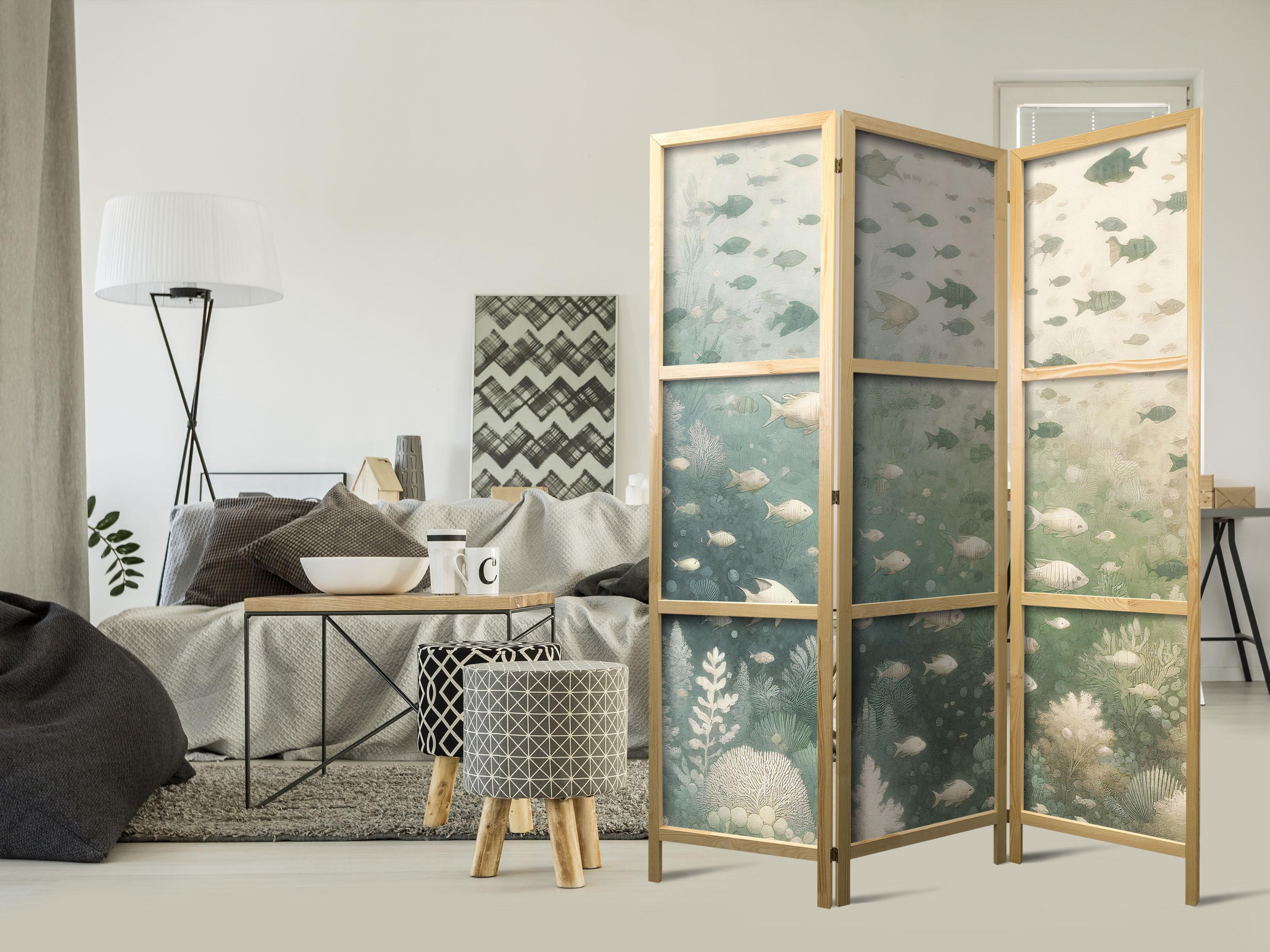 Japansk skærmvæg med fisk og havplanter 135 x 172 cm billede