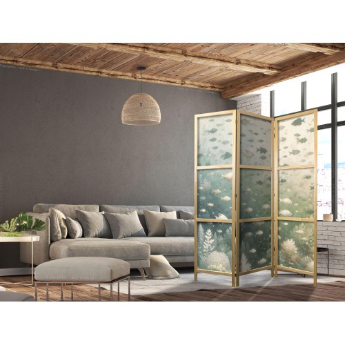 Japansk skærmvæg med fisk og havplanter 135 x 172 cm