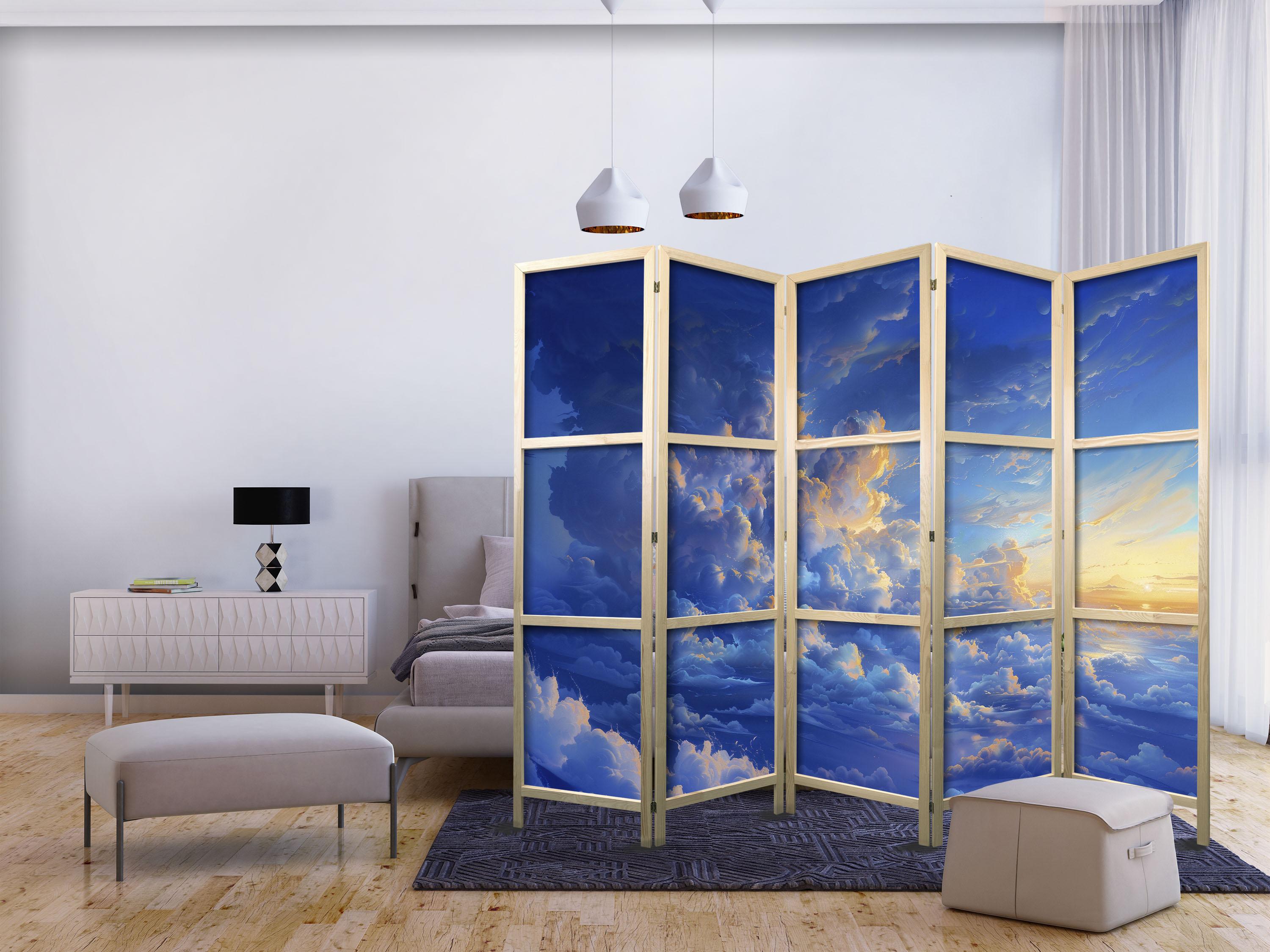 Japansk skærmvæg med skymotiv 225 x 172 cm - 5 panels rumdeler billede