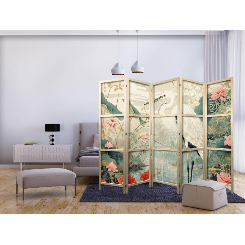 Japansk skærmvæg 5 paneler - Hejre ved asiatisk dam 225 × 172 cm