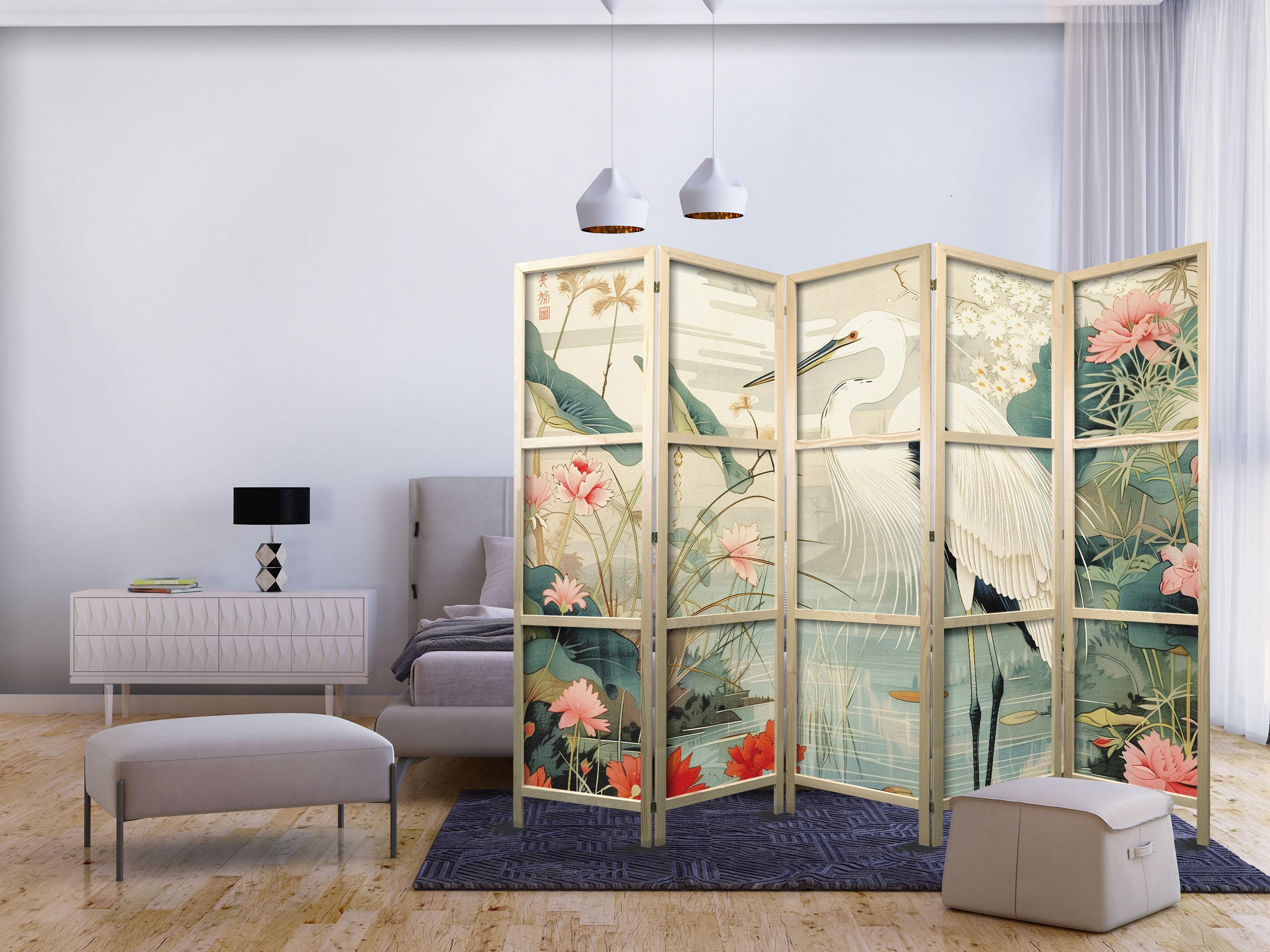 Japansk skærmvæg 5 paneler - Hejre ved asiatisk dam 225 × 172 cm billede