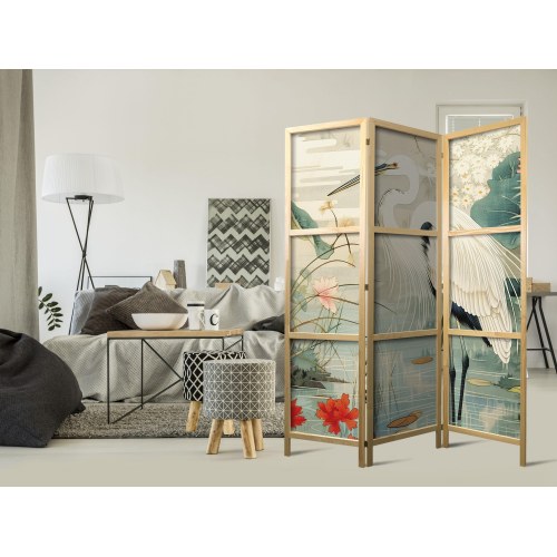 Japansk skærmvæg med hejre ved asiatisk dammeotiv 135 x 172 cm