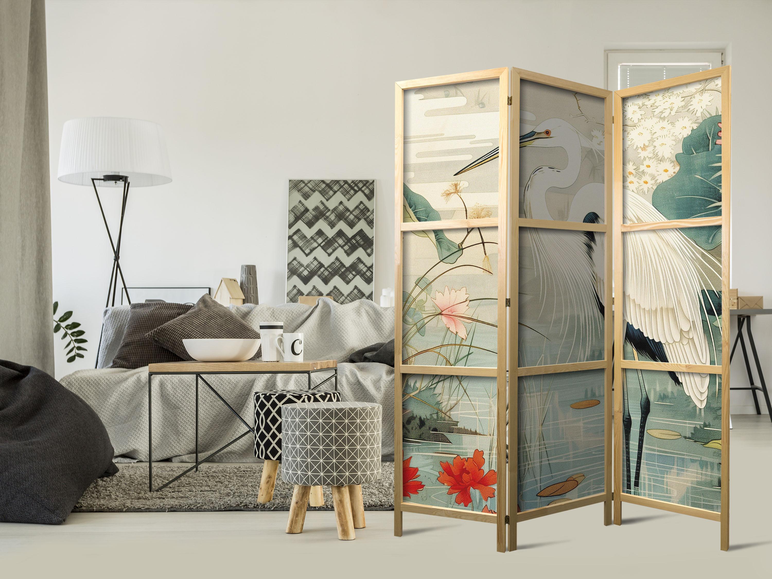 Japansk skærmvæg med hejre ved asiatisk dammeotiv 135 x 172 cm billede