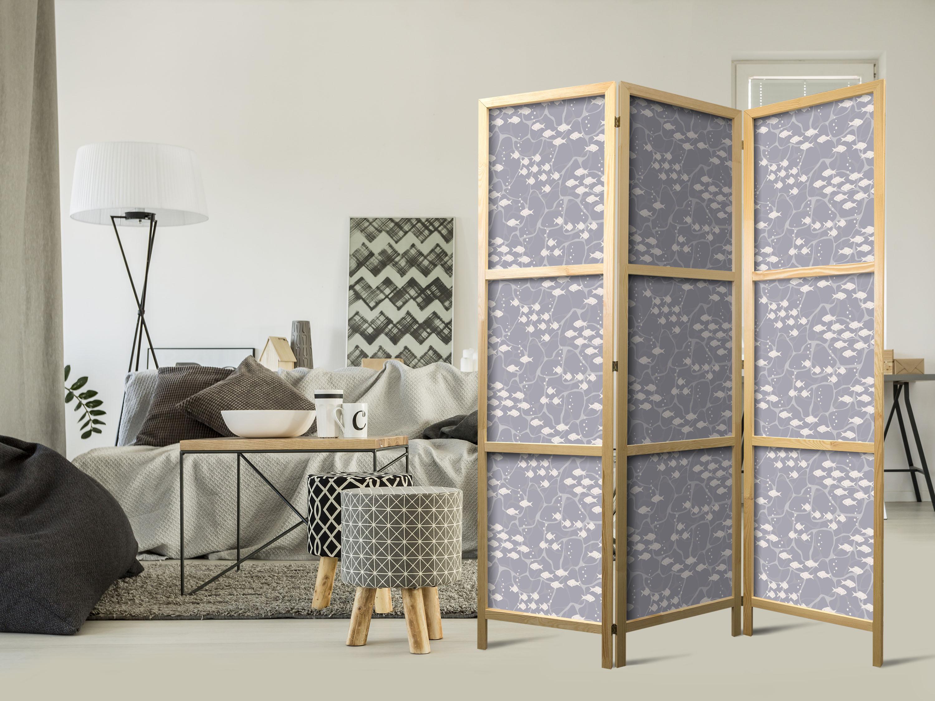 Japansk skærmvæg med fiskemotiv - grå nuancer 135 × 172 cm billede