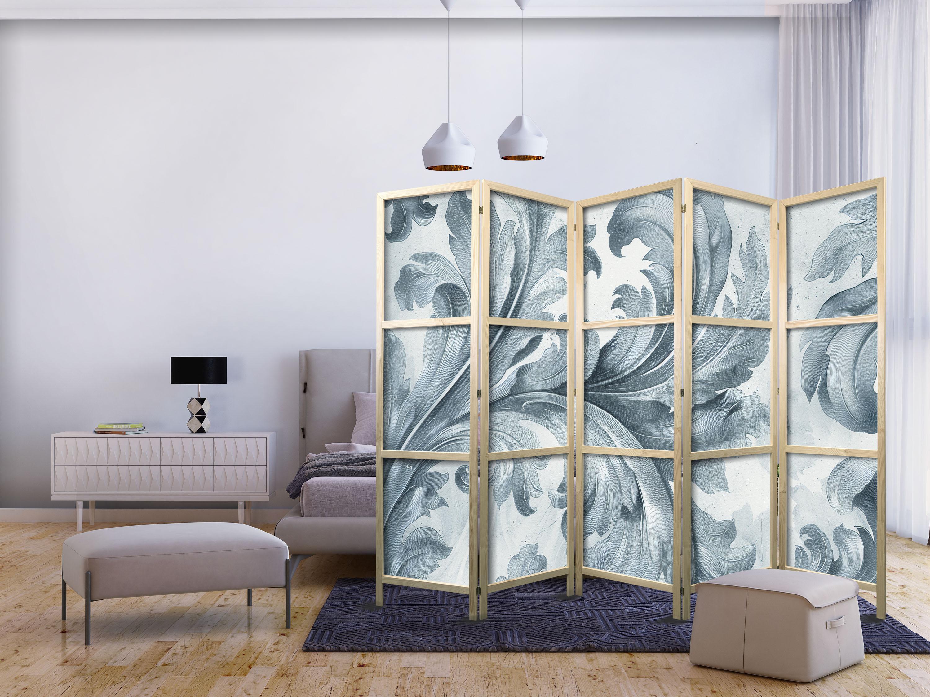 Japansk skærmvæg med botanisk bladmønster i sandfarver 225 x 172 cm billede
