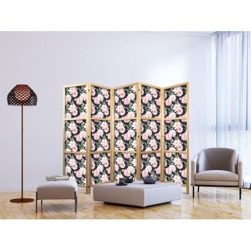 Japansk skærmvæg med pæoner og grønne blade - 5-panel rumdeler 225 x 172 cm