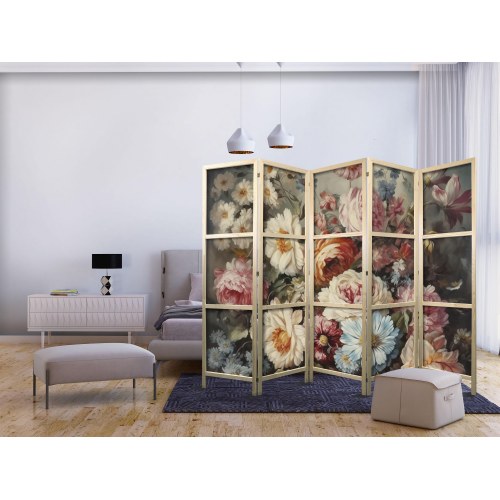 Japansk skærmvæg 5 paneler - Scent of Nature blomster i pastelfarver 225 x 172 cm