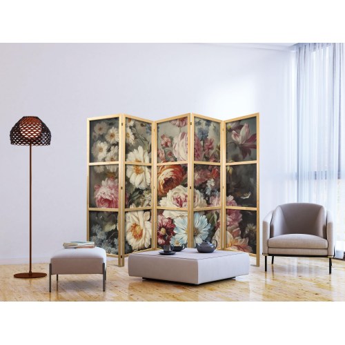 Japansk skærmvæg 5 paneler - Scent of Nature blomster i pastelfarver 225 x 172 cm