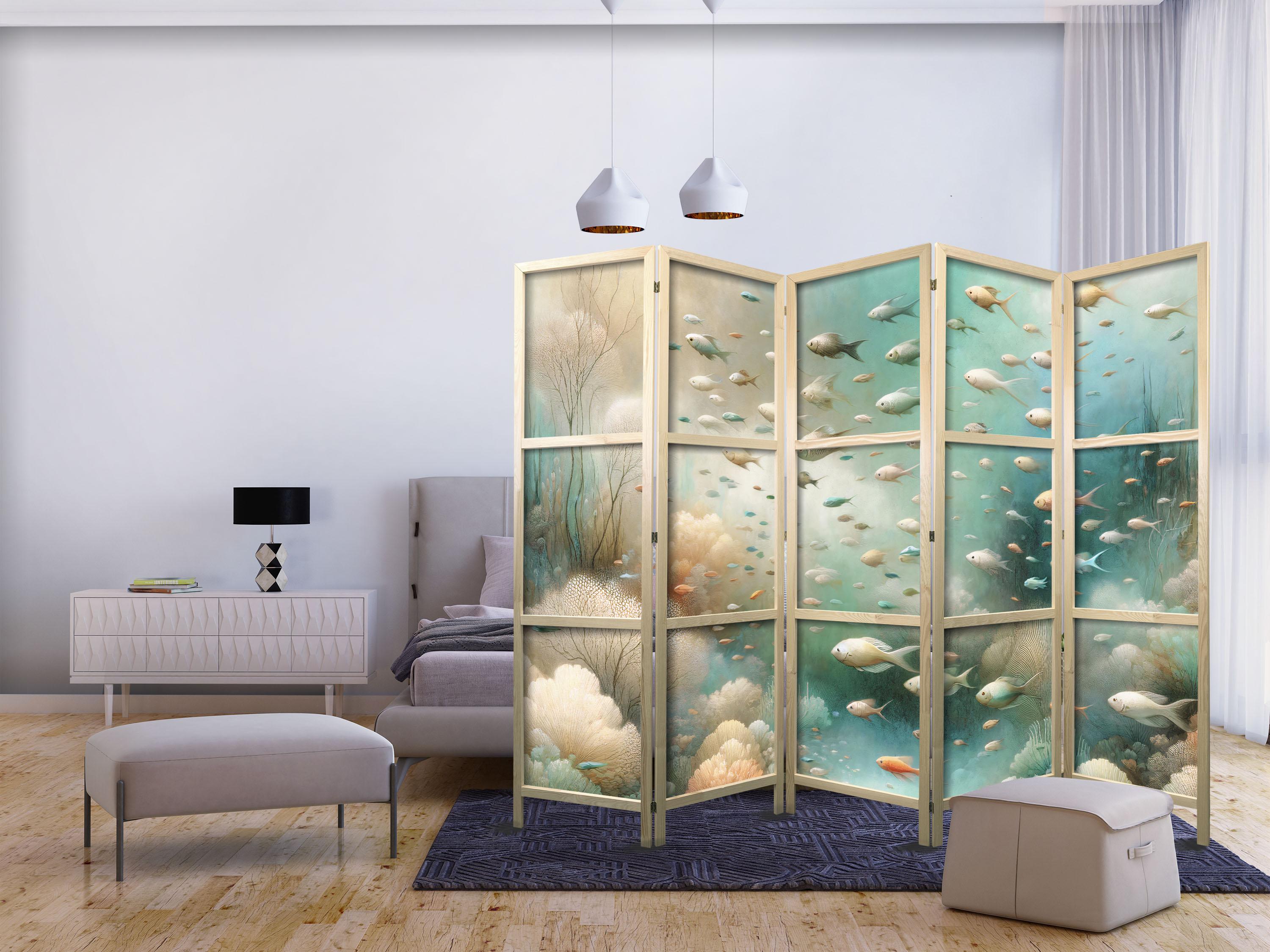 Japansk skærmvæg med undervandslandskab og fisk - 5-panel 225 x 172 cm billede